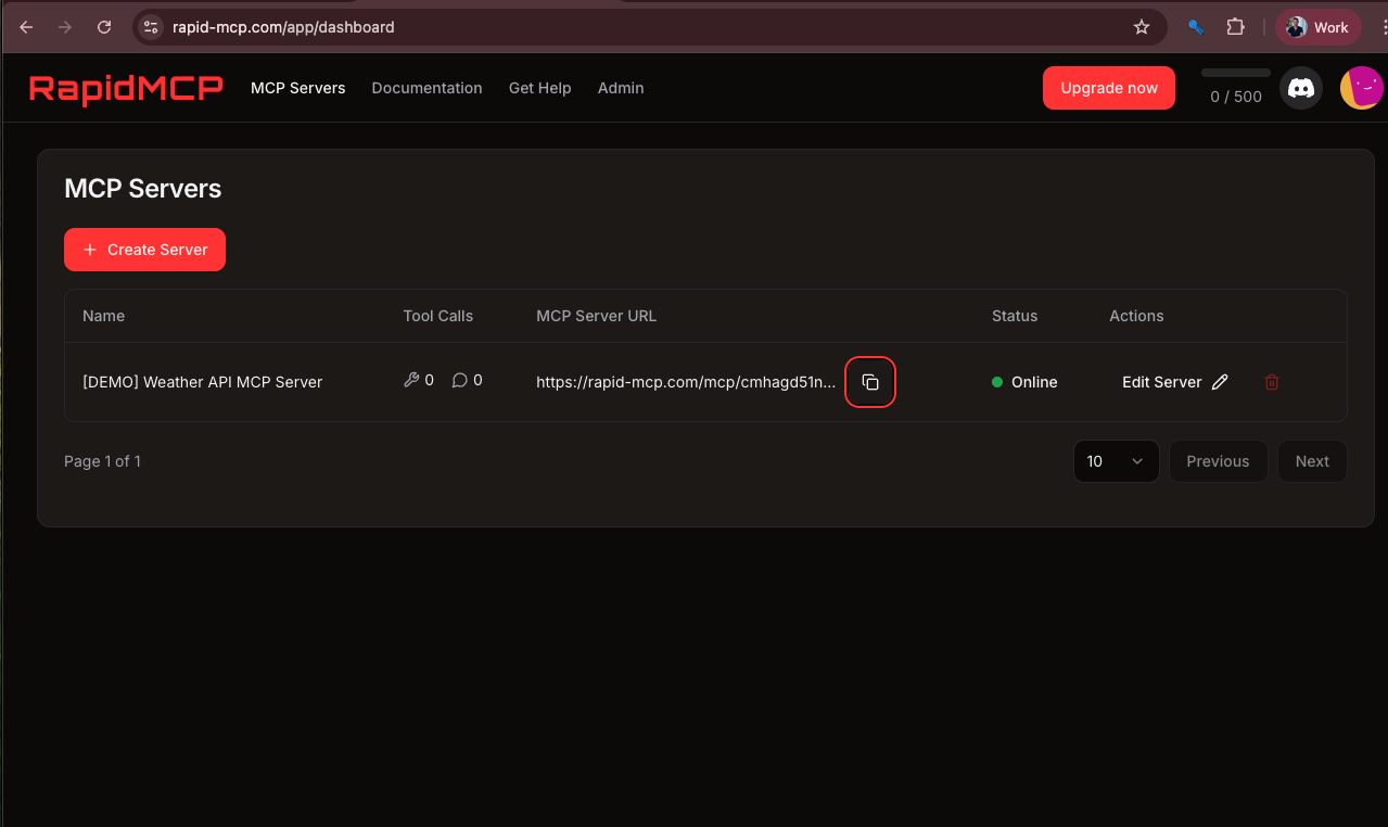 Copy RapidMCP Server URL
