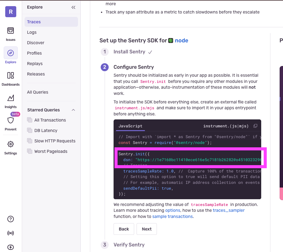 Placeholder: Where to find the Sentry DSN in Sentry UI